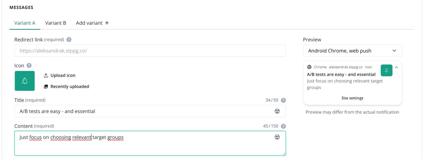 A/B testing panel in PushPushGo app